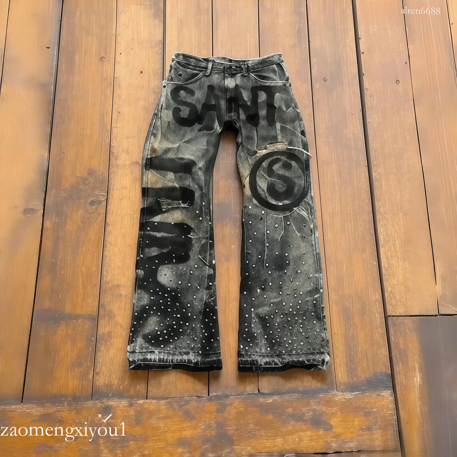 Men's Jeans Street Style Vintage Letter Print Men And Women Distressed Loose Fit With S Pattern Rhinestones Y2K Harajuku
