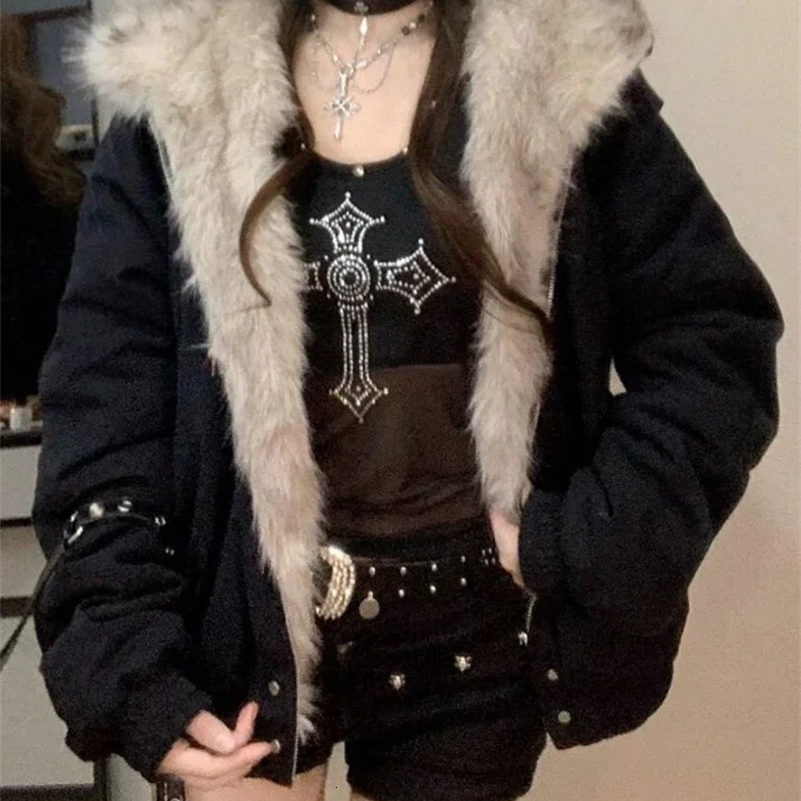 Winter Elegant Liner Fur Loose Coat Women Y2k Fur Collar Hood Thick Fashion Parkas Casual Outerwear Cotton Padded Jackets260915ww
