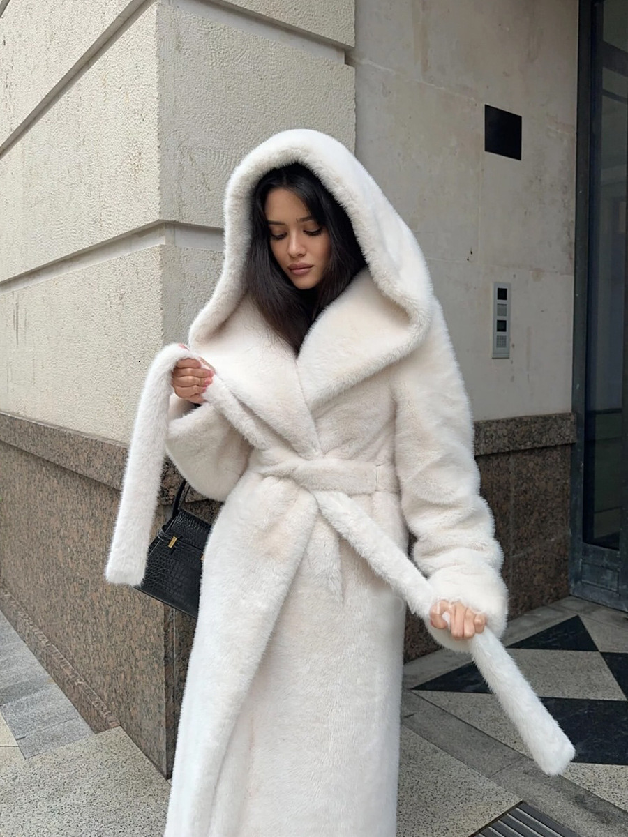 Cross-border mink imitation coat, extra-long faux fur coat with hood and belt, plush clothing