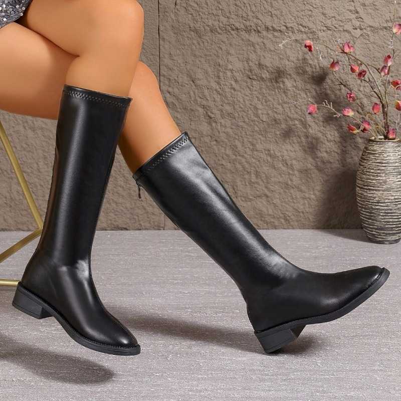 Autumn Winter Women Faux Leather Square Toe Knee High Boots Back Zipper Non-Slip Block Heel Casual Daily Shoes D260917