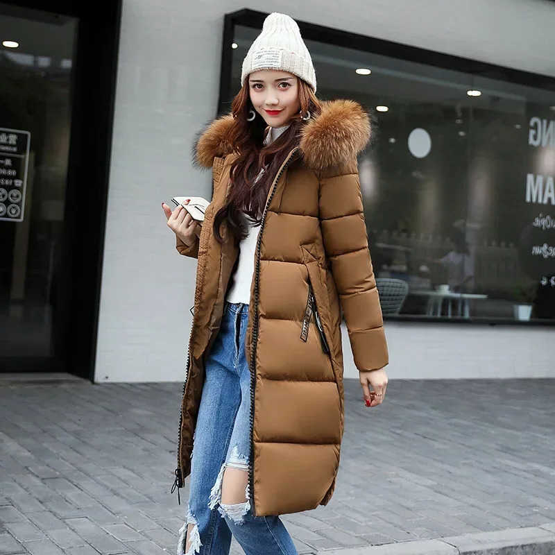 Women's Fall New Kalenmos 2021 Long Parkas Hooded Big Fur Collar Down Padded Coat Woman Korean Solid Color Streetwear Bread Tops H260917