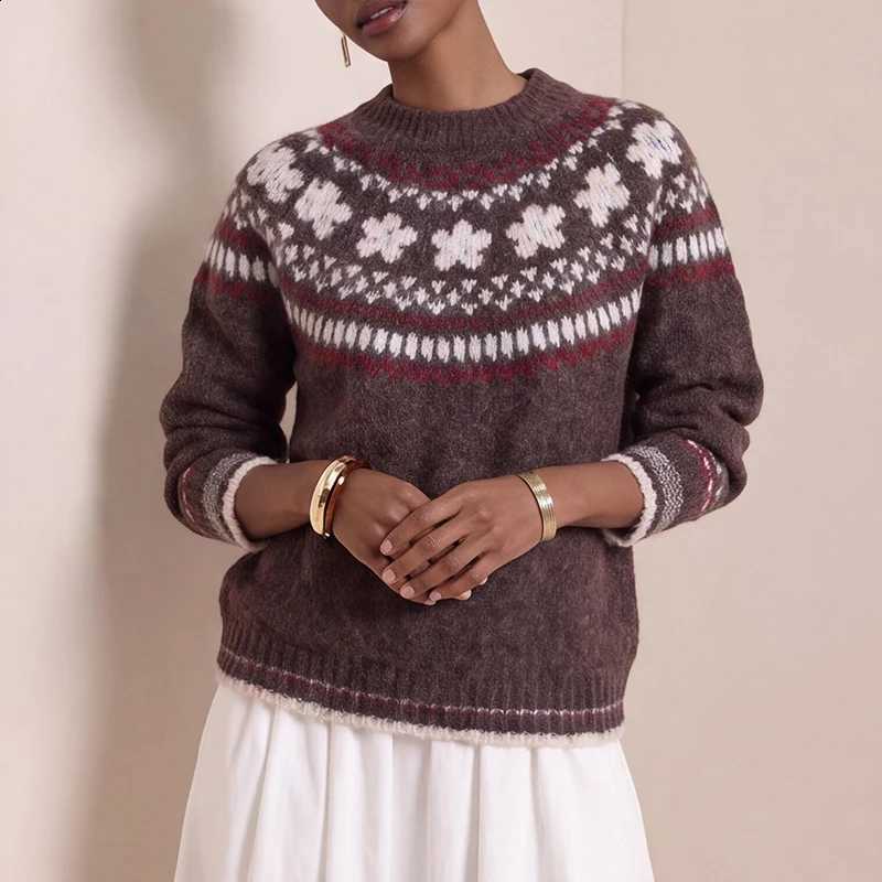 Long Lady Fashion Knitted Sleeved Pullover Autumn Winter Comfortable Jacquard Blouses 2026 Casual Round Neck Loose Home Sweater J260916