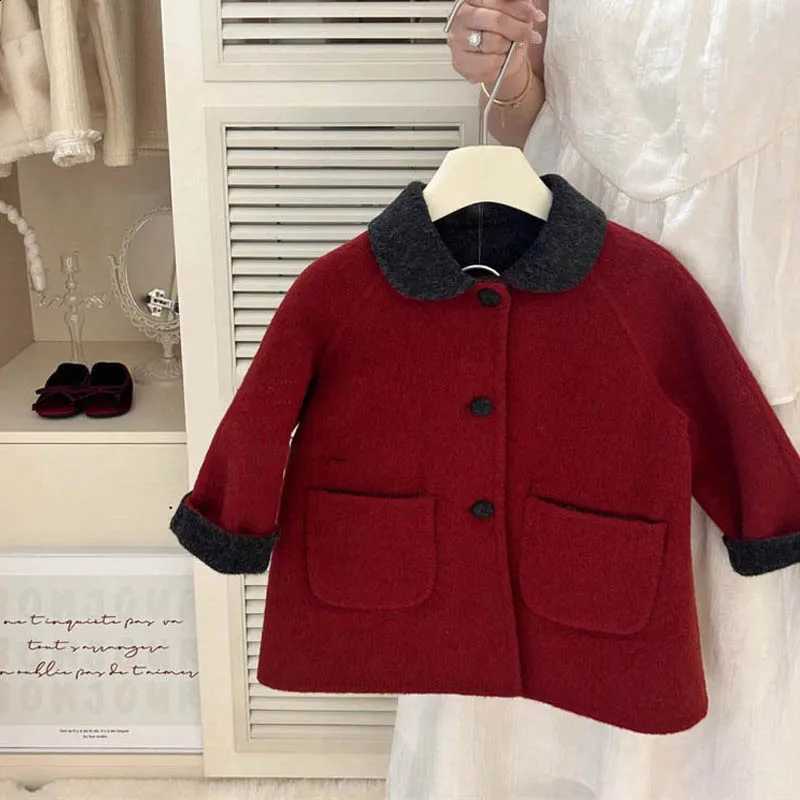 Woolen Two Sided New Children's Jacket Mid-length Lace Up Bow Christmas Red Warm Outerwear Baby Girls' Woolen Coat Autumn Winter J260917