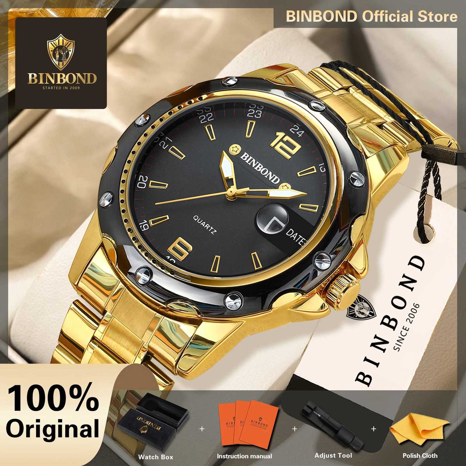 BINBOND Original Brand Stainless Steel Men's Watch Quartz Watches For Men Luxury Luminous Waterproof Relojes Para Hombre +BoxT260916
