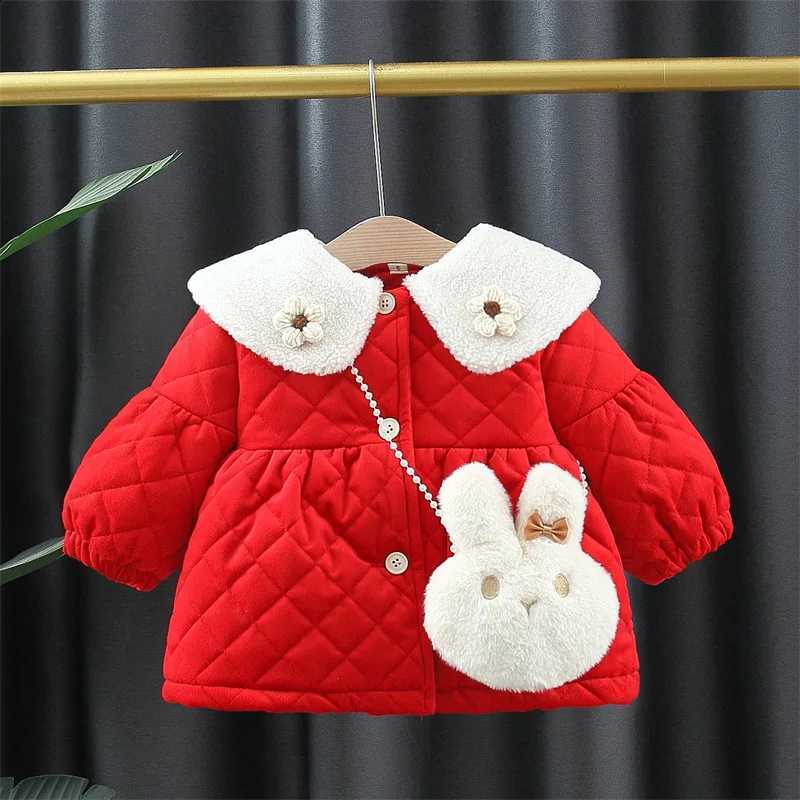 Coats+rabbit 2024 Baby Girls Winter Bag fashion Kids Fake Fur Collar Cotton Padded Thick Warm Coat Jackets Children Tops Clothes J260917