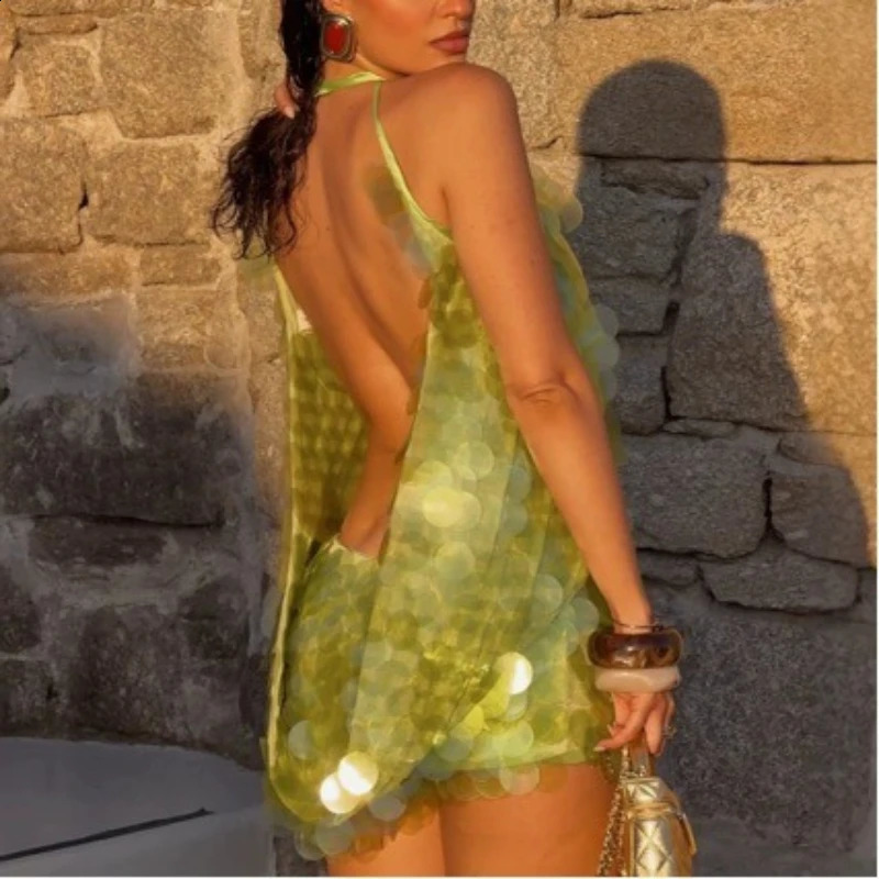 Women Halter Neck Mini Dress Solid Sequin Backless Sleeveless Sexy Short Dress for Banquet Dinner Evening Party Wear 260917