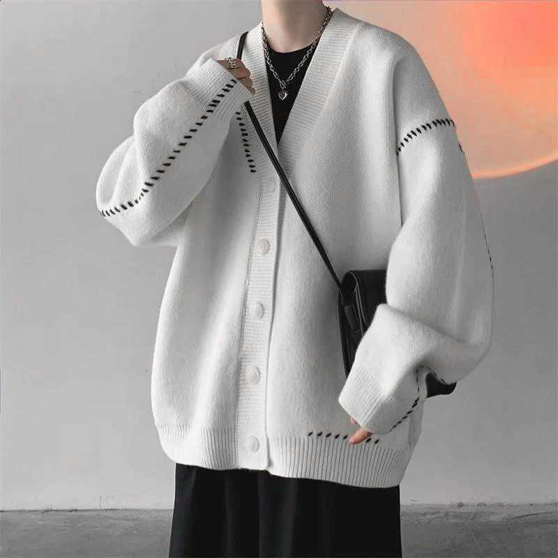 V-neck Cardigan Sweater Men Autumn Women Streetwear Loose Lazy Style Korean Vintage Knitwear Jacket Fashion Brand Mens Cardigan J260916