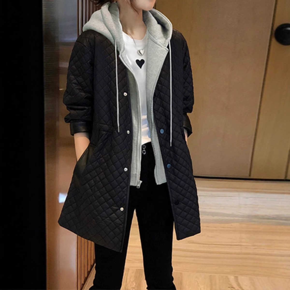 Coats Hooded Parkas Spliced Women Mid Lenth Overcoat Solid Zipper Long Sleeves Loose Thick Office Lady Casual Autumn Winter 2025 H260917