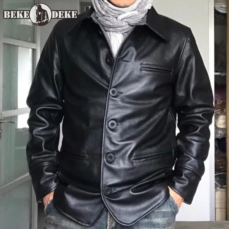 Men Cowhide Leather Jacket Business Man Casual Single Breasted Slim Fit Genuine Windproof Coat 4XL 260917