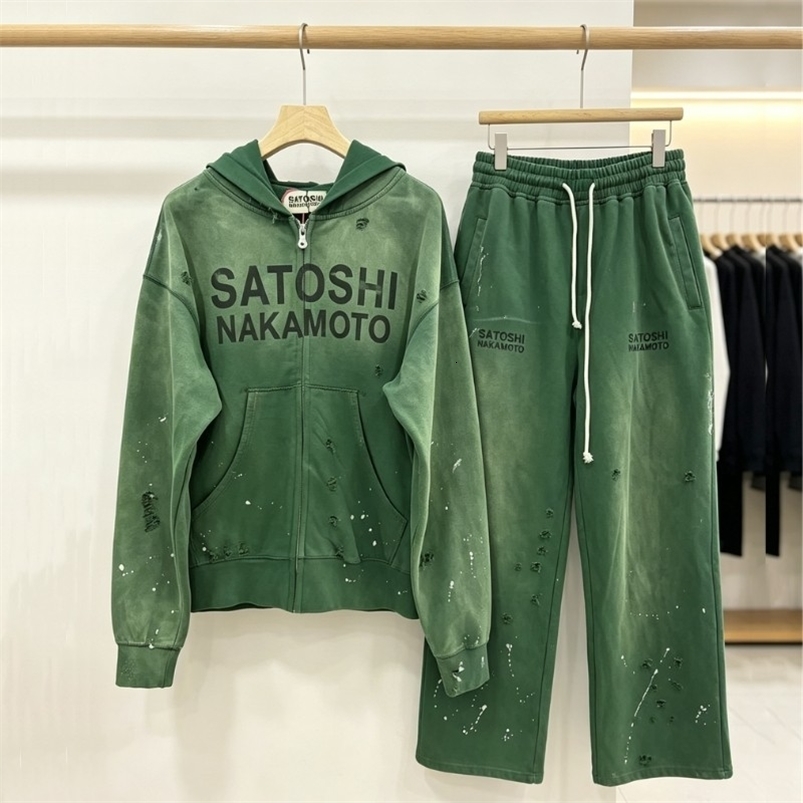 Green Vintage Washed Worn Hole SATOSHI Zippered Hoodie Set Splashing Ink Fading Letters Oversize Jacket Men Women Sweatpants 260917