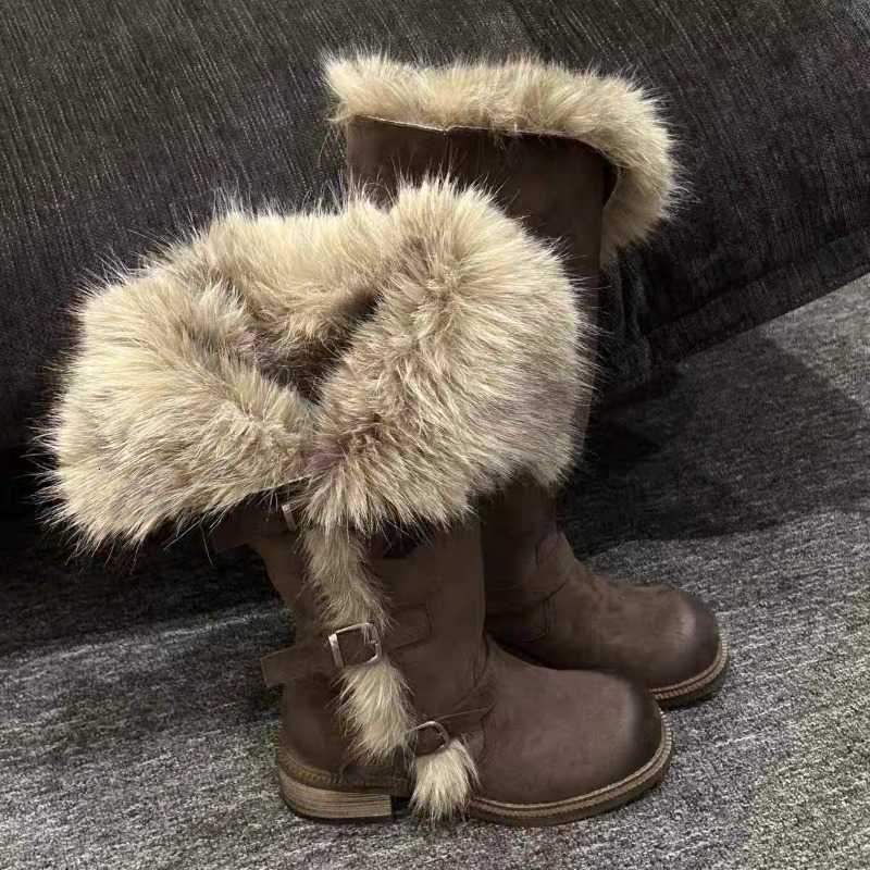 Cotton Shoes Winter New Tall Round-toe Suede Wool and Thick Metal Non-slip Block Heel Snow Boots D260917