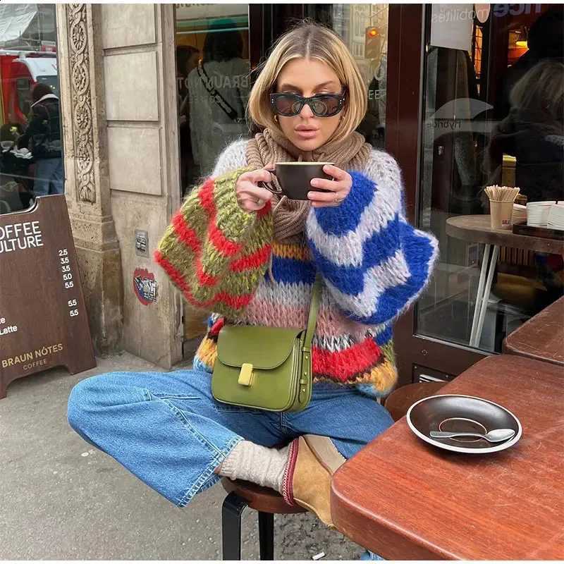 Women's 2026 Winter New Personalized Street Style Loose Color Striped Splice Sweater J260916