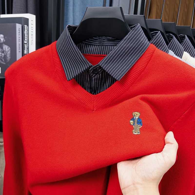 Quality Men New Long-Sleeved High Sweater T-Shirt Lapel Button False Two-Piece Embroidery Knitwear Simple Trend Men's Clothing J260916
