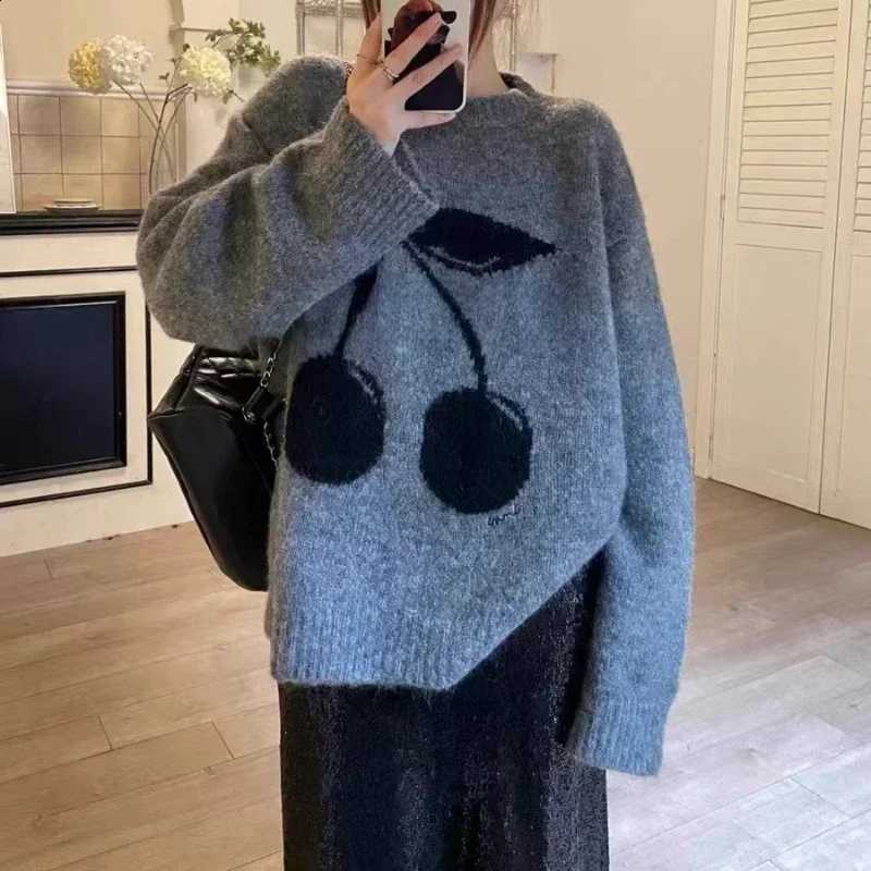 Winter Fashion Pullovers Top Grey Sweet Cherry Korea Knit Jumper Women Warm Sweater Women Loose Vintage Knit Autumn and Winter J260916