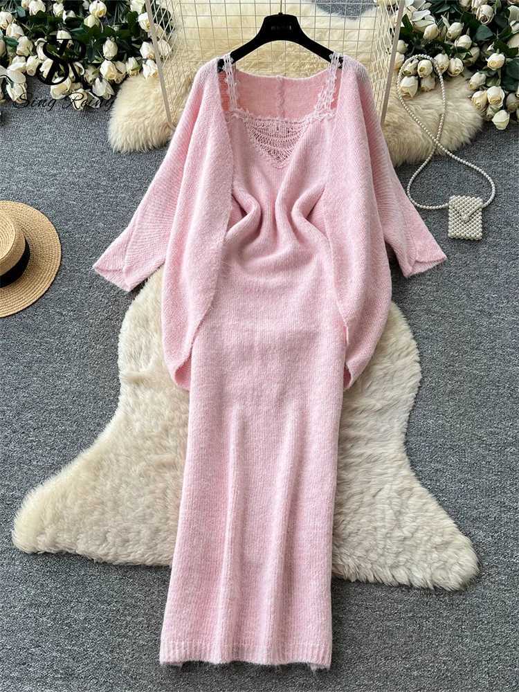 Suits SINGREINY Casual Lazy Sensual Ladies Warm Loose Simple Cardigan+Lace Long Dress French Style Autumn Knit Classy 2Pcs SetsW260915