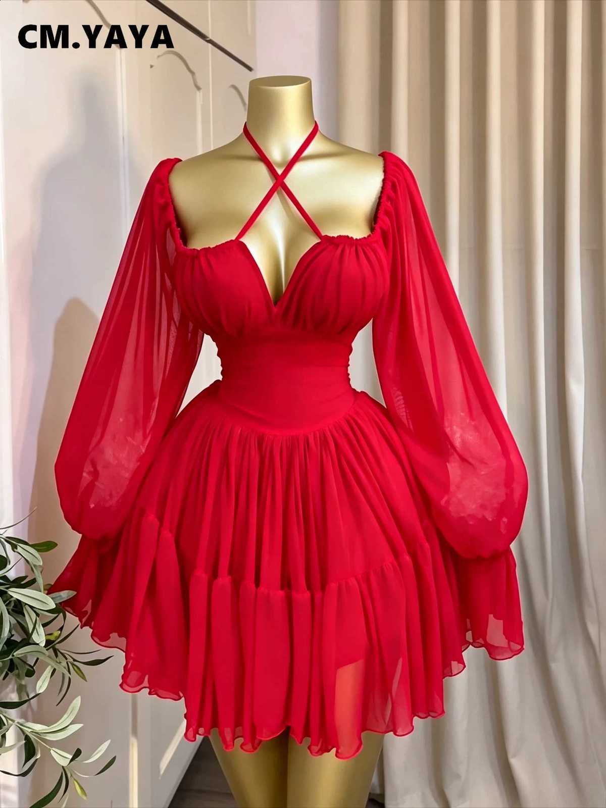 Flare CM.YAYA Women Long Sleeve Strapless Halter Pleated Mini Dress 2026 Fall Street Holiday Ruched Tiered Party Evening Dresses C260917