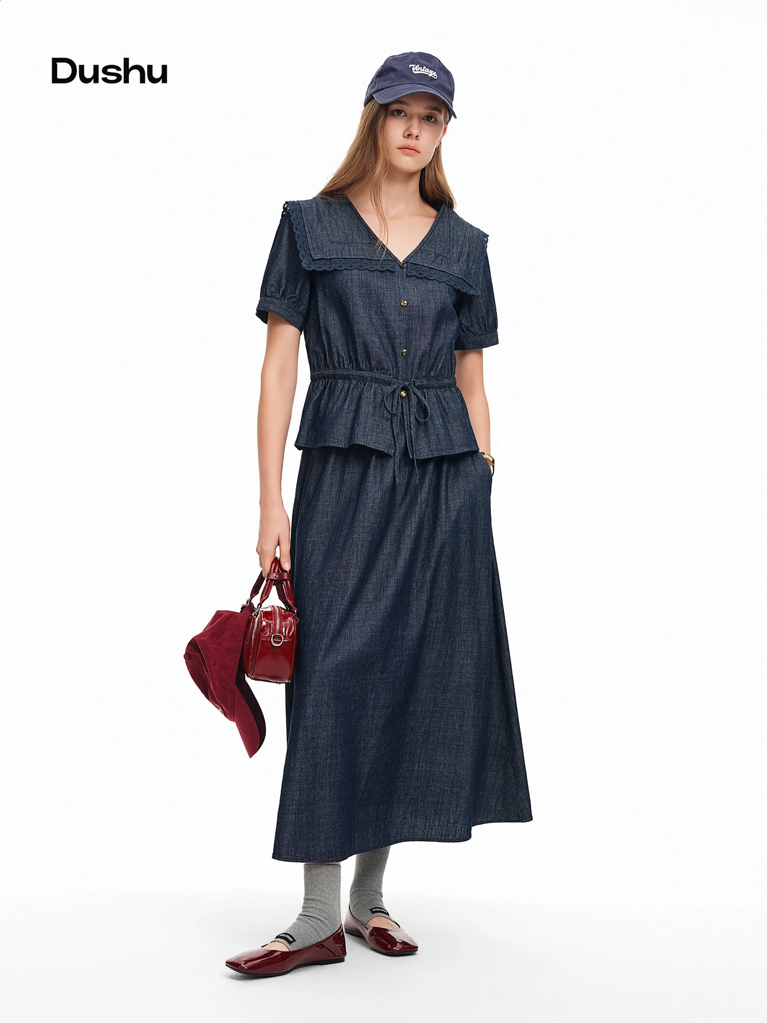 DUSHU Lace Patchwork Ruffles Hem Denim Fashion Set Women Commuting 2026 Summer Arrivals Top and Long A-line Skirt 260917