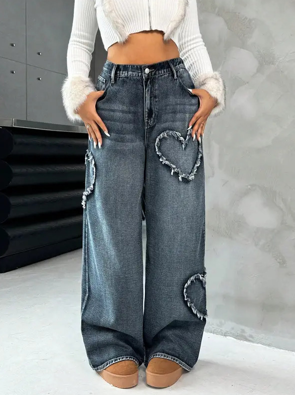 European and American cross-border street-style retro heart-patterned frayed-edge patchwork heavy-wash denim pants, spring collection, loose-fit str