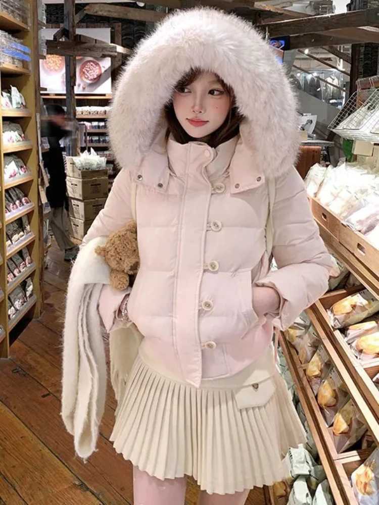 Winter Korean Vintage Short Zipper Padded Coat Women Aesthetic Design Long Sleeve Fur Collar Outerwear Casual Retro Slim Jacket H260917