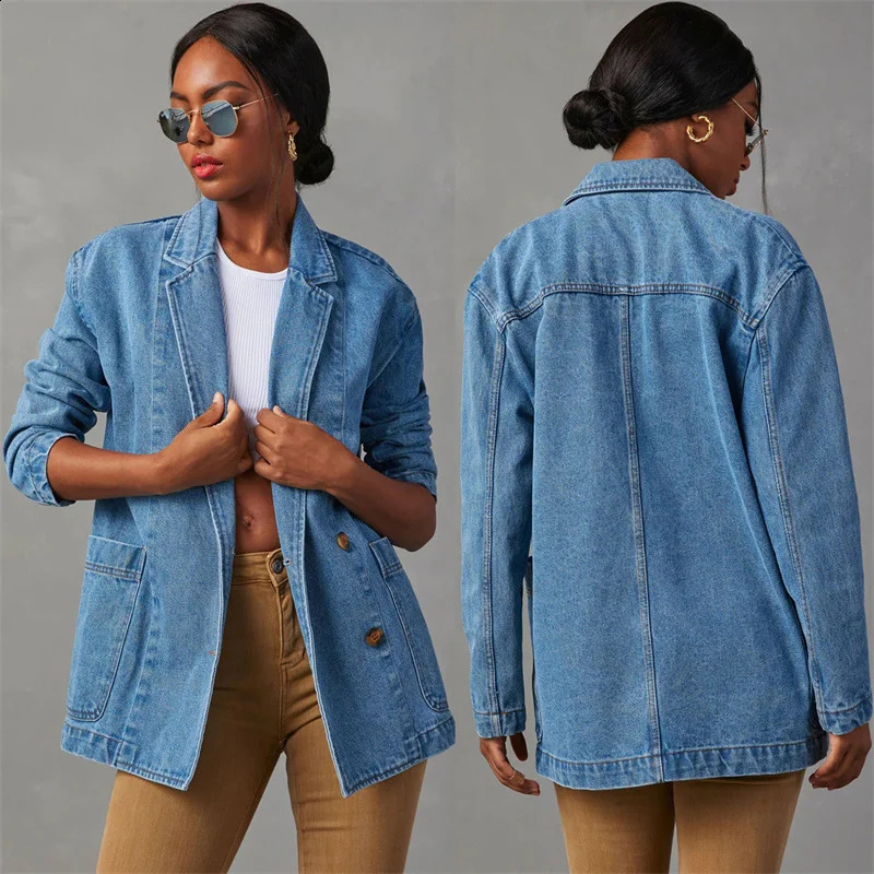 Streetwear Women Denim Suit Jacket Jeans Blazers Loose Washed Retro Blue Outerwear Female Doublebreasted Blazers Spring Autumn 260917