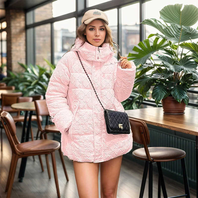 2024 Women Y2k Parkas Fall-Winter Outdoor Thickened Warm Down Cotton Bread Jacket Fashion Rhombus Pattern Hooded Casual Wear H260917