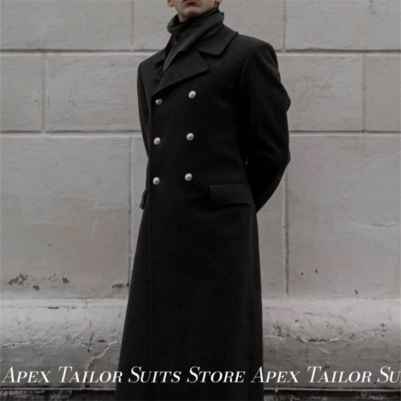 Vintage Style Men Black Long Wool Overcoat DoubleBreasted Silver Buttons Lapel Collar Autumn Winter Formal Casual Outerwear 260916