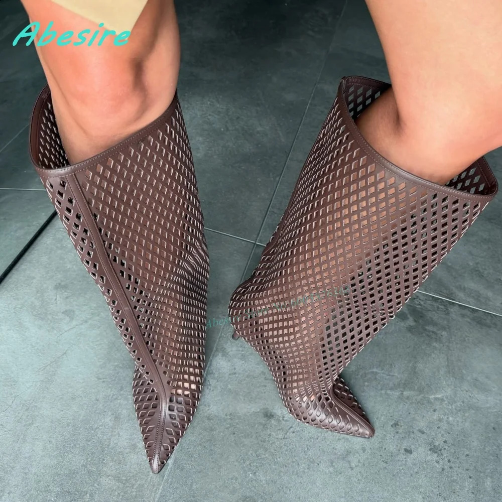 Hollow Out Patchwork Solid Sandal Boots Pointed Toe Thin Heels Slip On Shoes for Women Spicy Girls Summer Street Style Shoes 260917