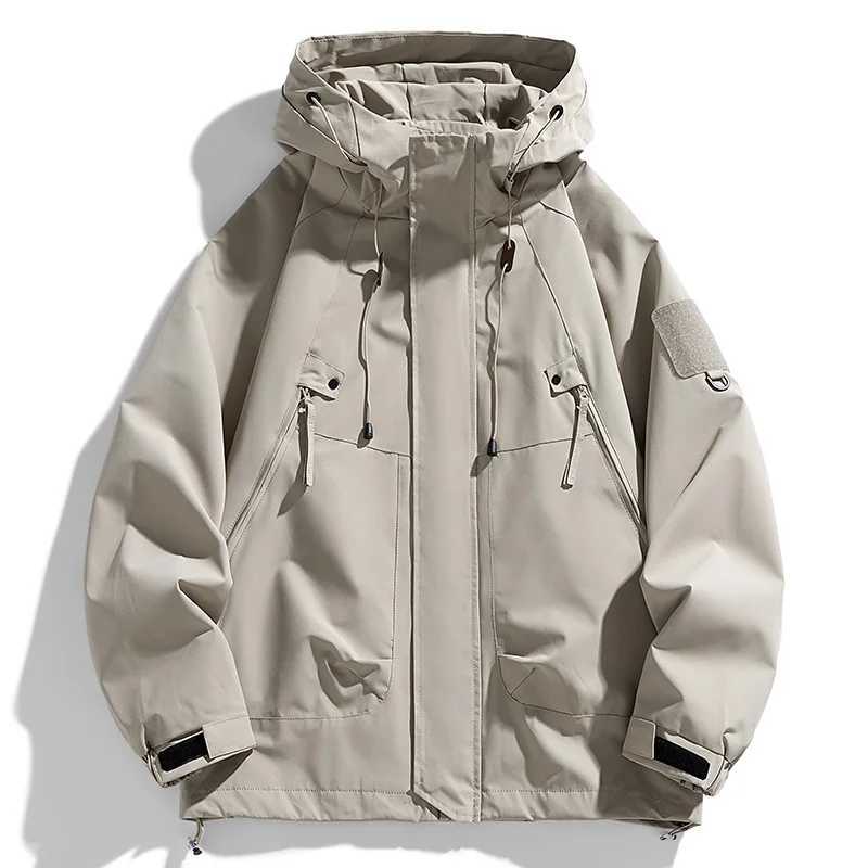 Windbreakers Men Hooded Jacket Zipper Coat Cargo Waterproof Black Bomber Camping Loose Thin Softshell Hooded Hiking Jacket S260917PIGM