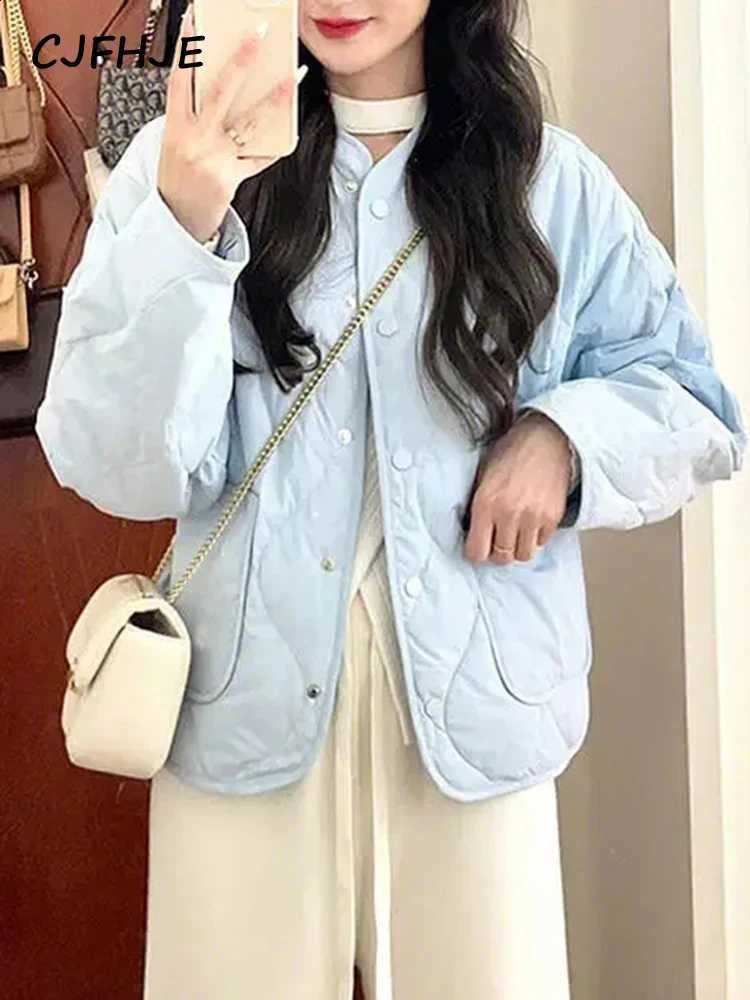 CJFHJE Sky Blue Fragrant Wind Down Cotton Coat Women Casual Winter Fashion Thickened O-neck Parkas Solid Color Female Outerwear H260917