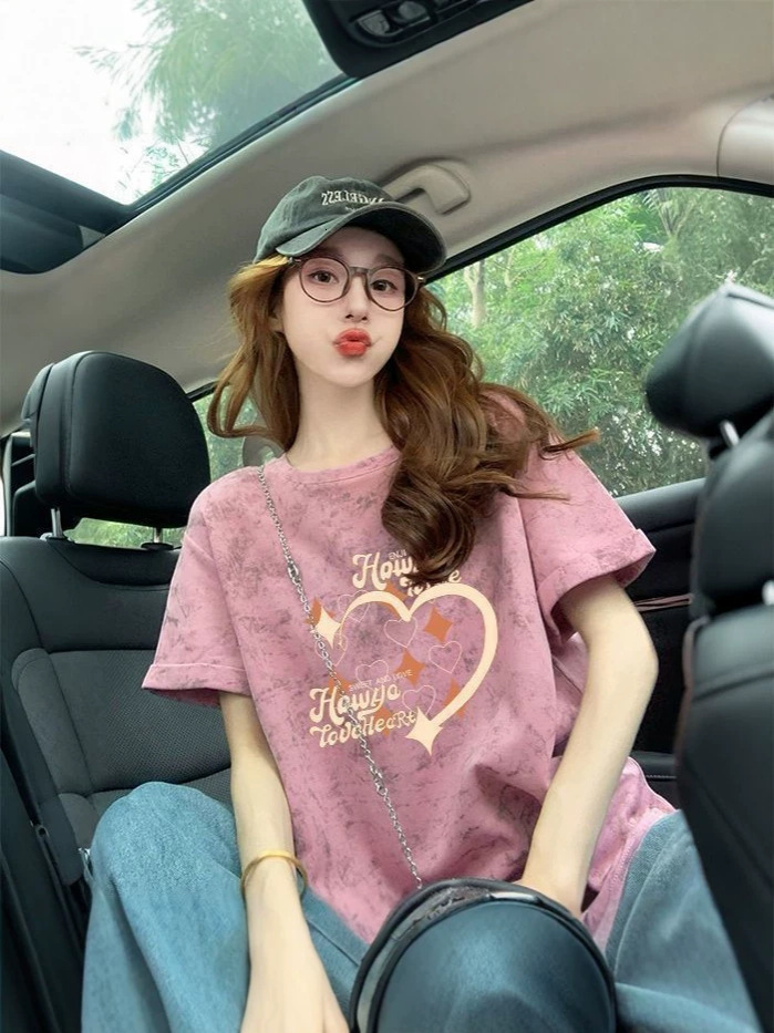 2026 splatter ink design short-sleeve T-shirt for women, sweet style, fun graffiti, age-reducing, loose fit, slimming top, trendy on Instagram e6