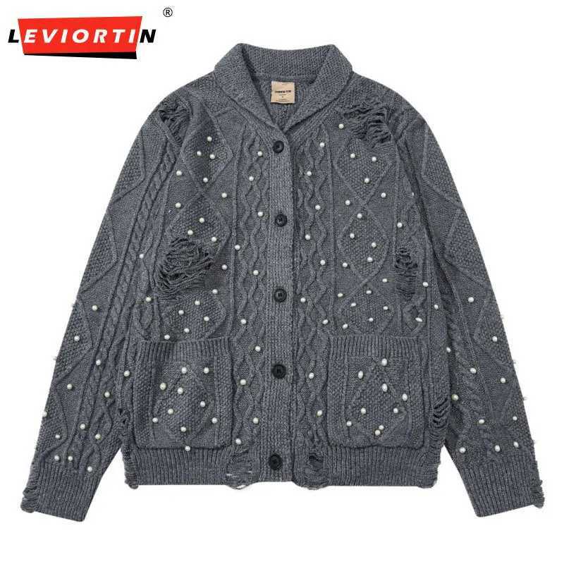 Men's autumn and winter trendy brand cardigan with nail bead design and hook flower hole knitted sweater niche loose cardigan S260917YK3J