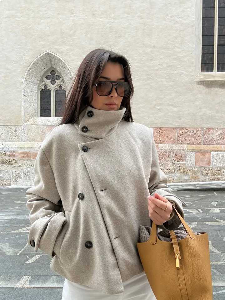 Collar Asymmetric Stand Woman's Coats Jacket for Woman Wool Short Tops Loose Cropped Jackets Autumn Winter Wear Daily Outfits C260917