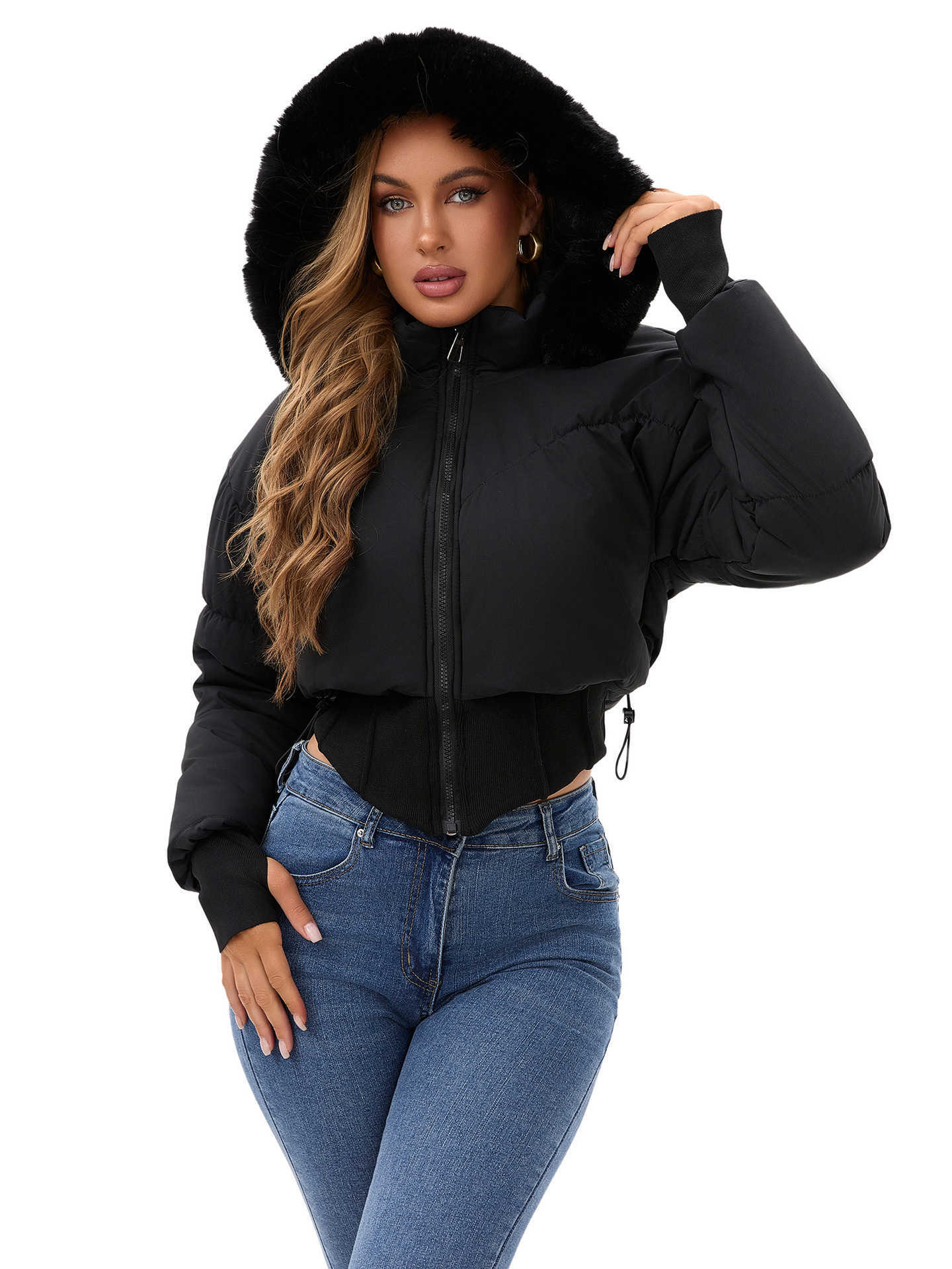 Thickened Warm Cotton-Padded Jacket Women's with Large Fur Collar And Hood Waist-Cinching Style H260917