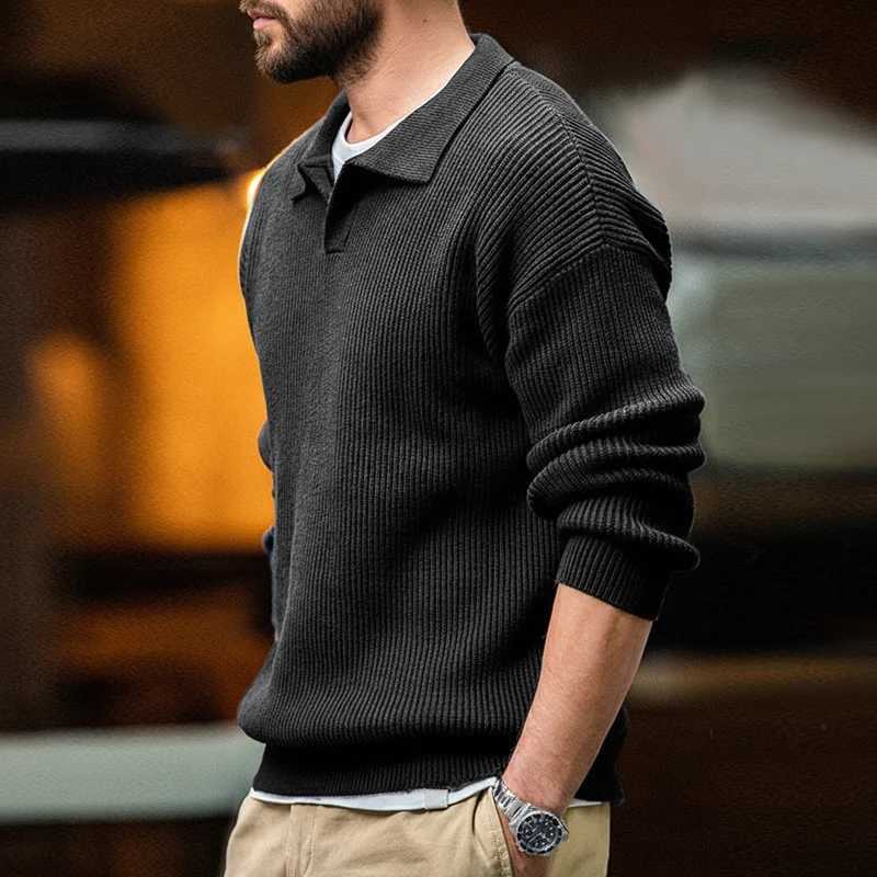 Knit Maden Retro Vertical Neck Woven Shirt Lazy Pullover Sweater Men's Autumn and Winter Lapel Soft WarmW260915