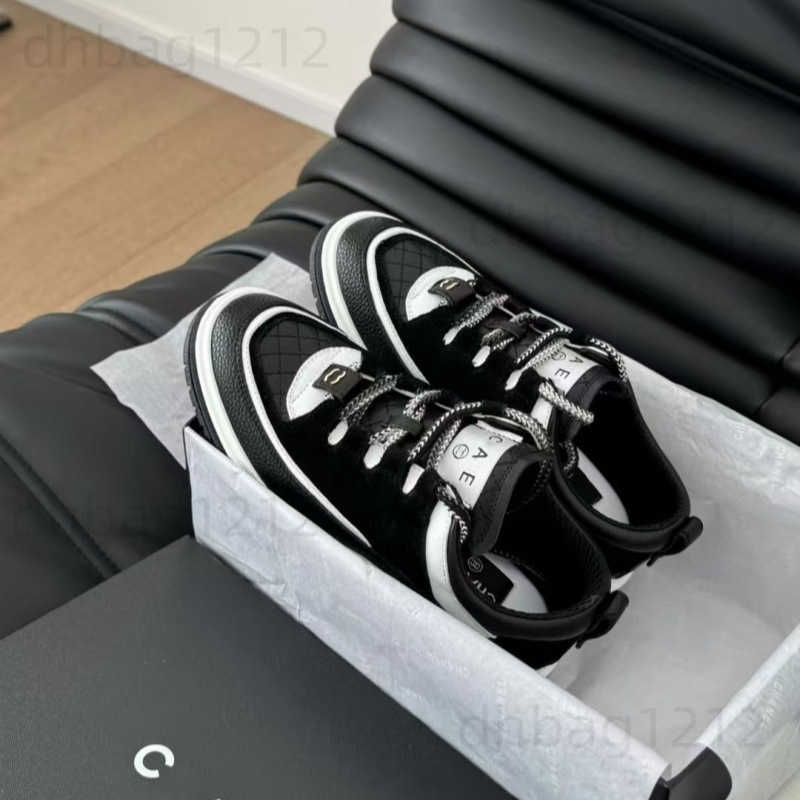 New Panda Women's Shoes Round Toe Cowhide Color Block Casual Sneakers Diamond Pattern Lace-up Genuine Leather Board Shoes Color Block Design T2