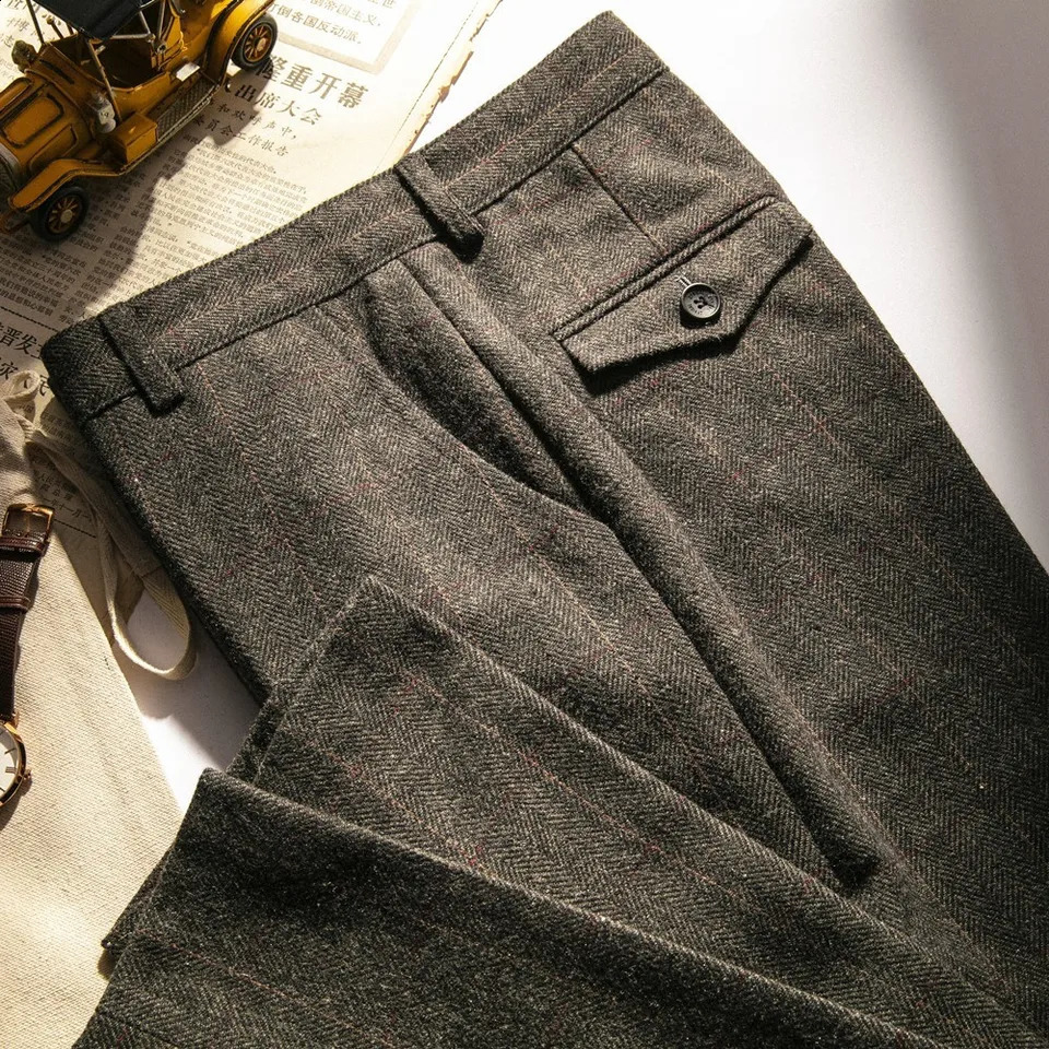 Retro British Wool Herringbone Casual Pants for Men Thick Loose Plaid Autumn and Winter Large Size Woolen 260917