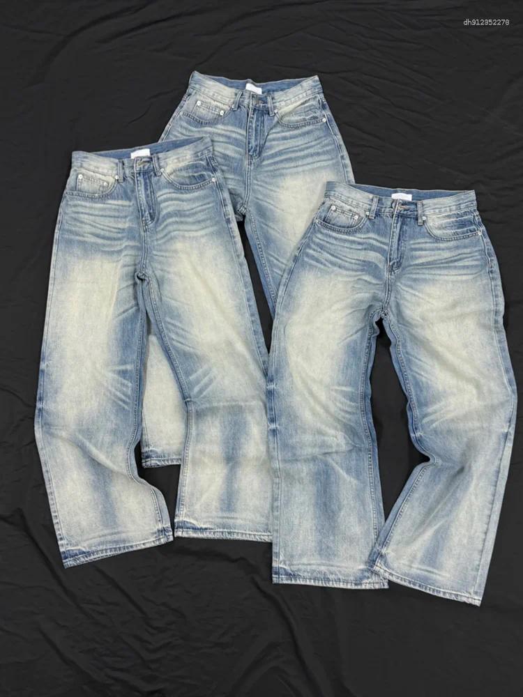 Men's Vintage Washed Retro Blue Jeans Casual Spring Pants Boys Bottom High Waist Sweatpants Male Wide-leg Denim Trousers