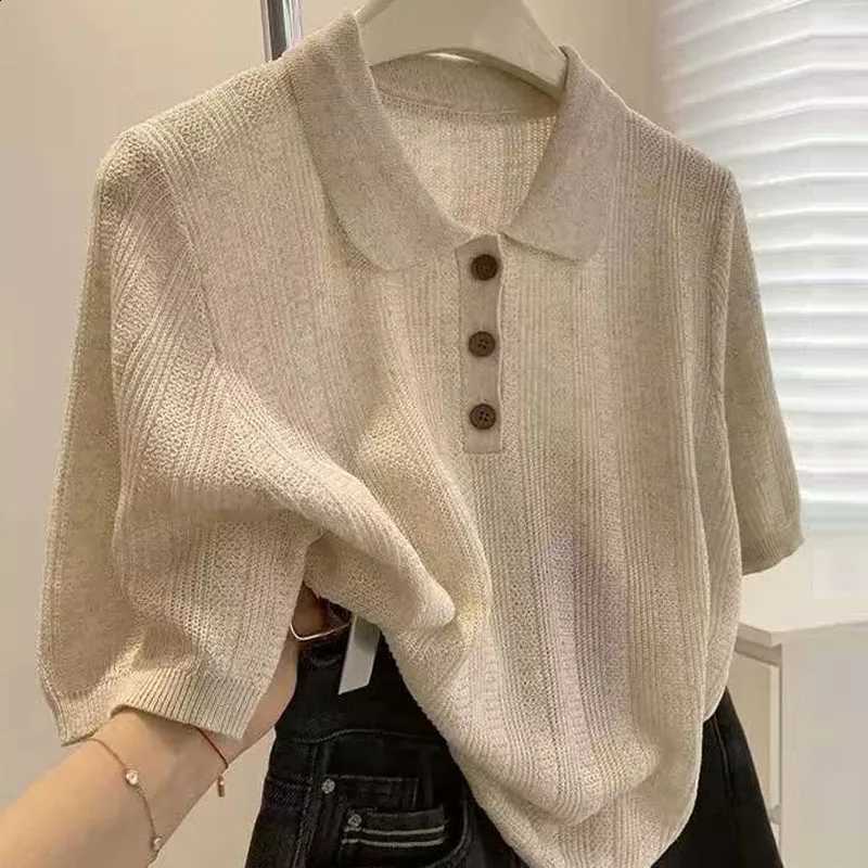 Clothing Short Sleeve Women Knitted Sweater Women Pullovers Summer New Turn Down Collar Knit Sweater Pullover Women Tops Q4003 J260916