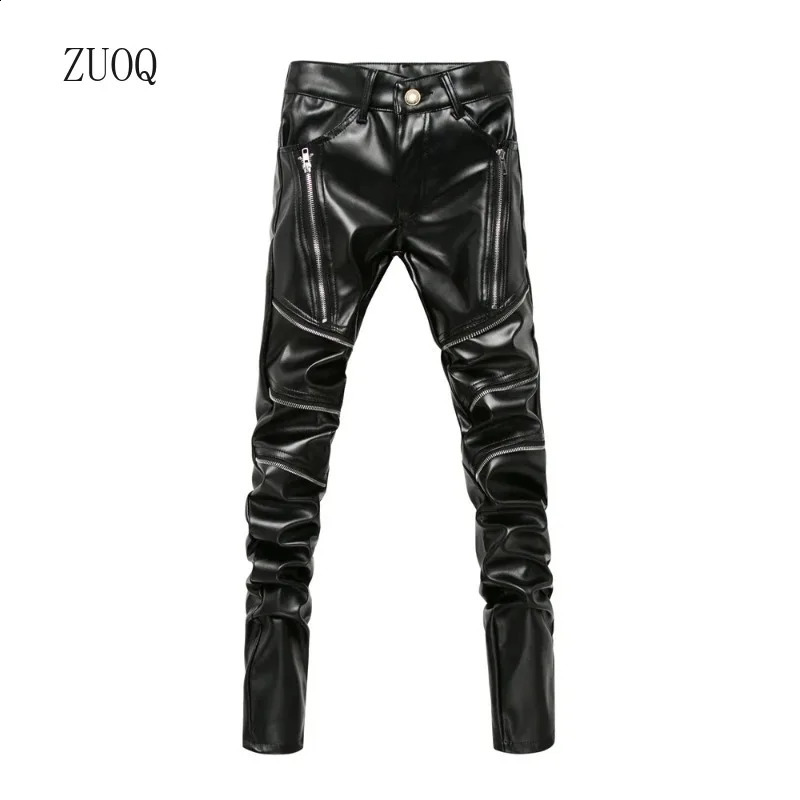 Winter Men Skinny Biker Pu Leather Pants High Street Fashion Motorcycle Trousers for Male Stage Club Wear 260916