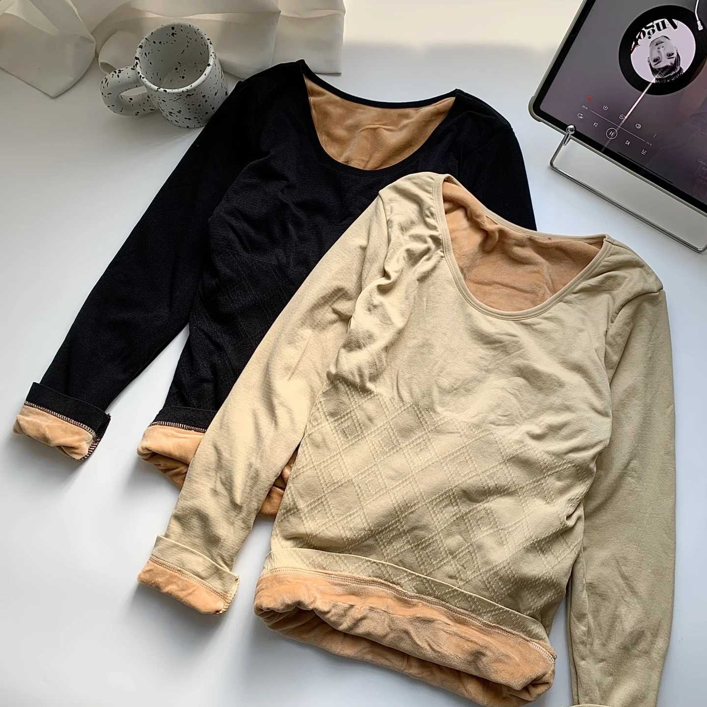 Thickened Fleece Women's Thermal Underwear Long Sleeve Slim Fit Base Shirt Low Neck Body Shaping Skin Color Single Piece Top H260916