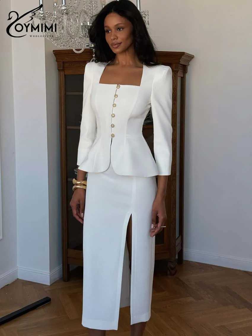 Women's White Oymimi 2-Piece Suit 2026 Spring Peplum Blazer And Slit Midi Skirt Square Neck Button Formal Office Party Outfits C260917