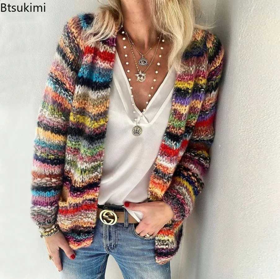 Striped Knit Cardigan Women Long Sleeve Open Front Loose Fit Colorful Knitwear Coat Spring Autumn Casual Daily Sweater Jacket J260916
