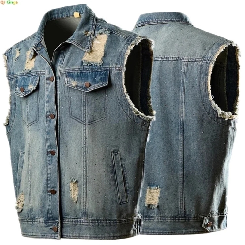 Blue Men's Ripped Sleeveless Denim Jacket Single Breasted Loose Vintage Old Vest Coat 2025 yy260909