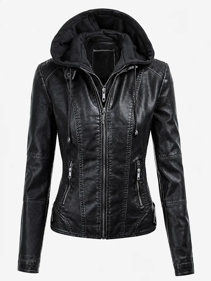 2026 Womens Hooded Pu Jacket Motorcycle Retro Punk Style Spring and Autumn Season Holiday Gift for Women 260916