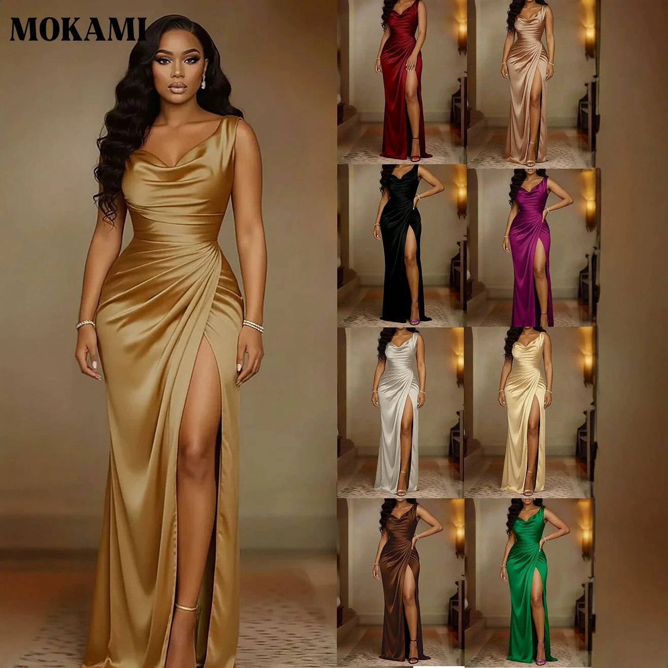 Summer Women Solid Color Bodycon Dress V Neck Sleeveless Split Hem Elegant Party Banquet Evening Formal Dress 260917