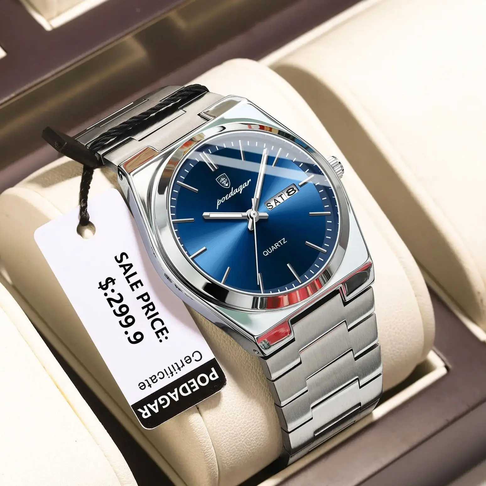 POEDAGAR Luxury Watch For Man Waterproof Luminous Date Week Stainless Steel Men Watch Casual Quartz Men's Watches Male Clock+boxT260916