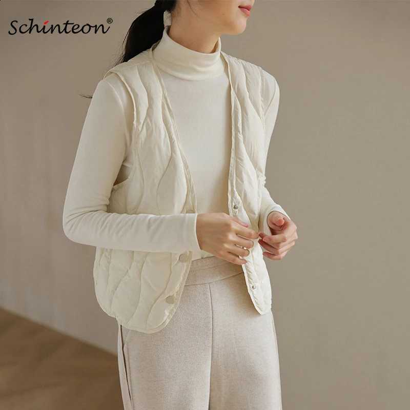 Schinteon Women Ultralight White Duck Down Vest Sleeveless Jacket V-Neck Collar Autumn Winter Inside Liner Short Top 2023 New H260917