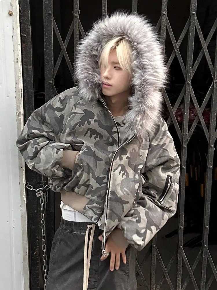 Winter Faux Fur Hooded Men Short Parka Jacket Thick Padded Solid Camouflage Retro Aesthetic Casual Daily Street Winter Coat W260915