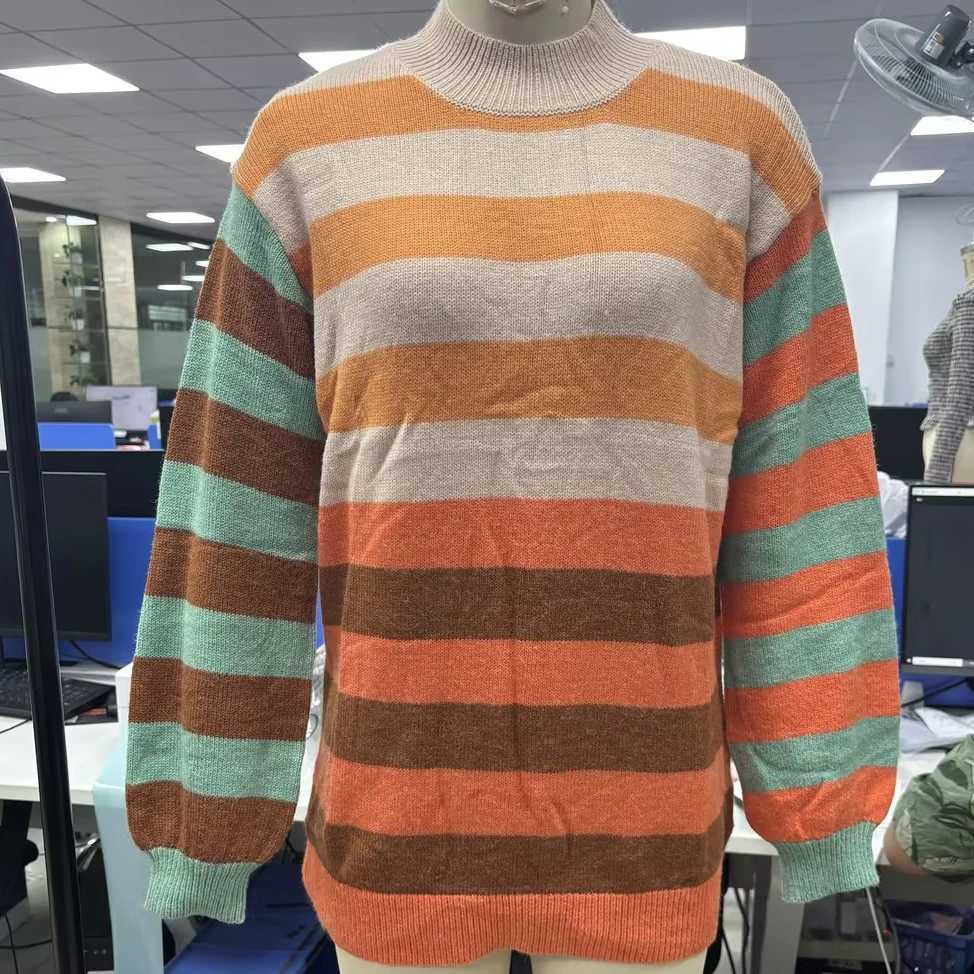 Premium Women's Patchwork Knit Sweaters Striped Contrast Color Long Slve Round Neck Pullovers Loose Fit Tops S260917V6W9