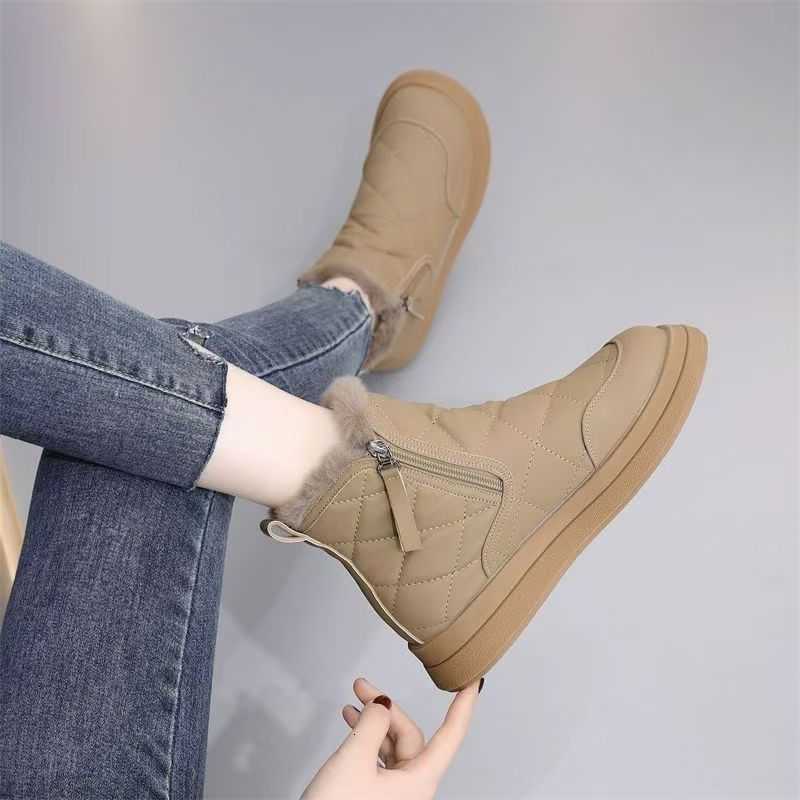 Women Winter Plushlined Snow Boots Rhombus Quilted Upper Side Zipper Thick Sole Warm Nonslip Short Ankle Cotton Shoes D260917